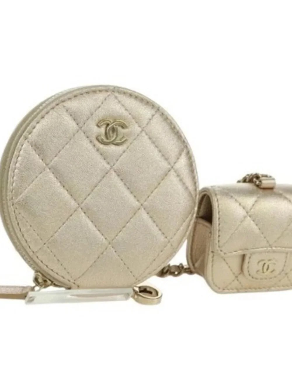 CHANEL Matelasse Air Pods Case & Coin Purse Lamb Skin Gold CC Auth BAZ881SAM